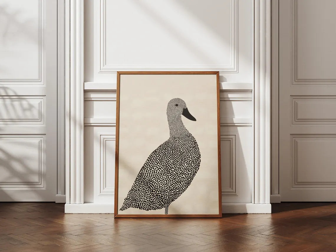 Minimalist Duck Wall Art, Pointillism Bird Print, Scandi Decor, Neutral Animal-1